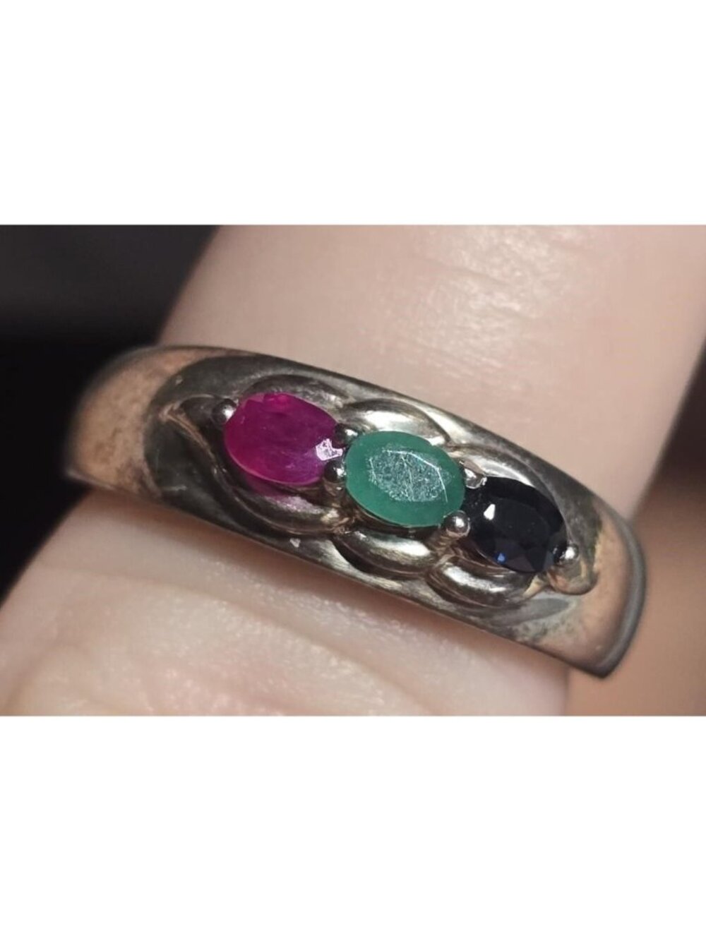 Sterling Silver Three Stone Ring Ruby Emerald Sapphire Size 7
